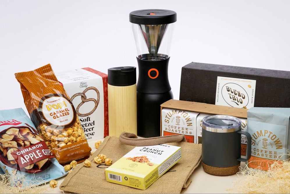 Coffee and snack gift set with branded items.