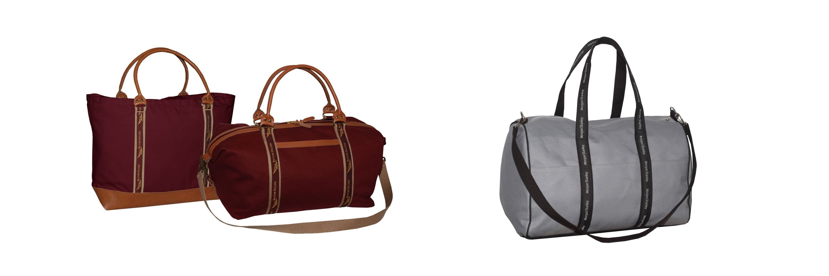 Stylish duffel banker bags with leather accents in various colors.