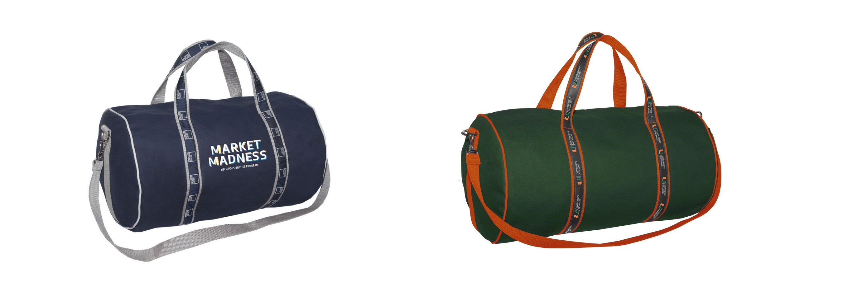 Two duffle bags with different colors and branding.