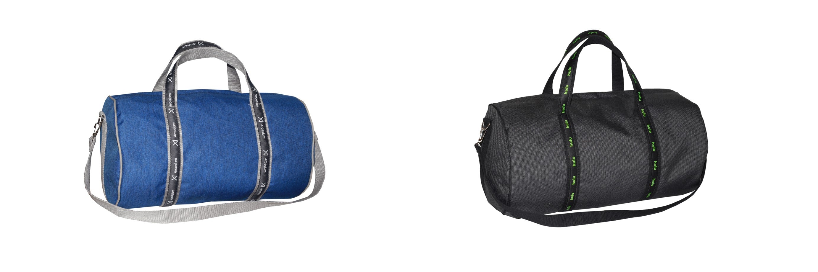 Blue and black duffle banker bags with branding.
