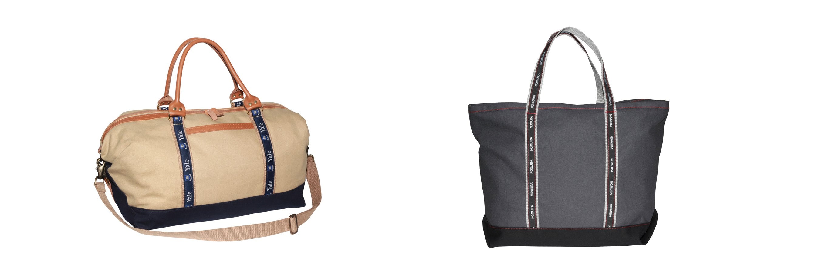 Two canvas bags in different colors with branded straps